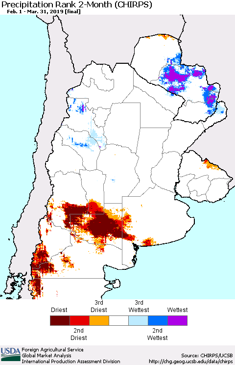 Southern South America Precipitation Rank since 1981, 2-Month (CHIRPS) Thematic Map For 2/1/2019 - 3/31/2019