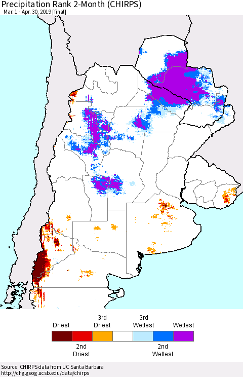Southern South America Precipitation Rank since 1981, 2-Month (CHIRPS) Thematic Map For 3/1/2019 - 4/30/2019