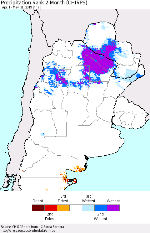 Southern South America Precipitation Rank since 1981, 2-Month (CHIRPS) Thematic Map For 4/1/2019 - 5/31/2019