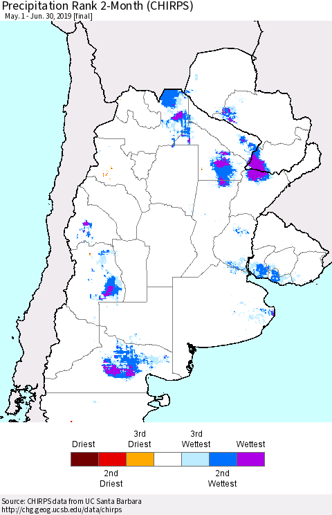 Southern South America Precipitation Rank since 1981, 2-Month (CHIRPS) Thematic Map For 5/1/2019 - 6/30/2019