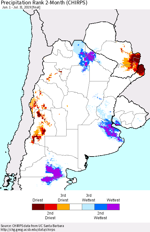 Southern South America Precipitation Rank since 1981, 2-Month (CHIRPS) Thematic Map For 6/1/2019 - 7/31/2019