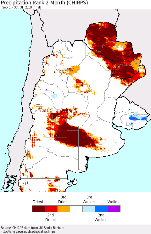 Southern South America Precipitation Rank since 1981, 2-Month (CHIRPS) Thematic Map For 9/1/2019 - 10/31/2019