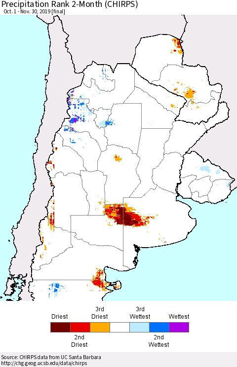 Southern South America Precipitation Rank since 1981, 2-Month (CHIRPS) Thematic Map For 10/1/2019 - 11/30/2019