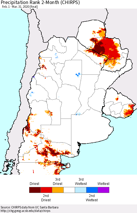 Southern South America Precipitation Rank since 1981, 2-Month (CHIRPS) Thematic Map For 2/1/2020 - 3/31/2020