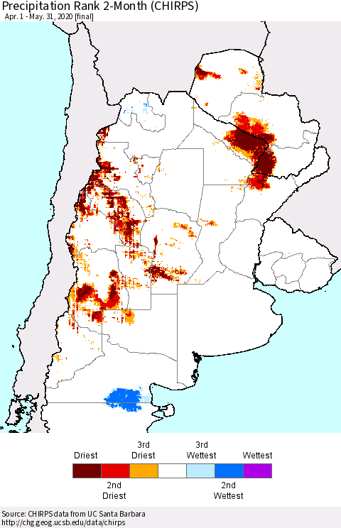 Southern South America Precipitation Rank since 1981, 2-Month (CHIRPS) Thematic Map For 4/1/2020 - 5/31/2020
