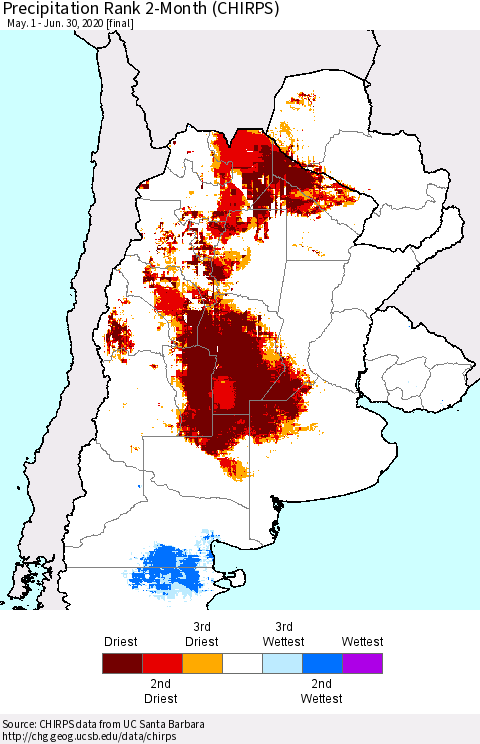 Southern South America Precipitation Rank since 1981, 2-Month (CHIRPS) Thematic Map For 5/1/2020 - 6/30/2020