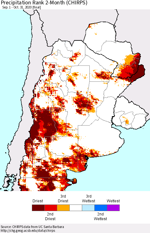 Southern South America Precipitation Rank 2-Month (CHIRPS) Thematic Map For 9/1/2020 - 10/31/2020