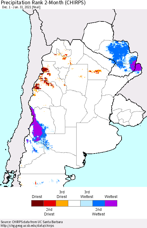 Southern South America Precipitation Rank 2-Month (CHIRPS) Thematic Map For 12/1/2020 - 1/31/2021