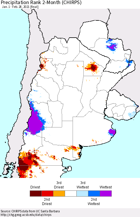 Southern South America Precipitation Rank 2-Month (CHIRPS) Thematic Map For 1/1/2021 - 2/28/2021