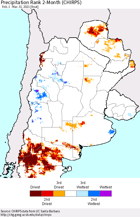 Southern South America Precipitation Rank 2-Month (CHIRPS) Thematic Map For 2/1/2021 - 3/31/2021
