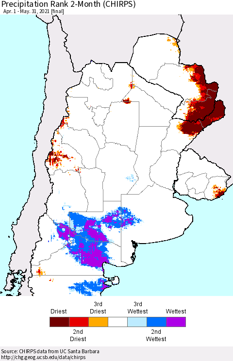 Southern South America Precipitation Rank 2-Month (CHIRPS) Thematic Map For 4/1/2021 - 5/31/2021
