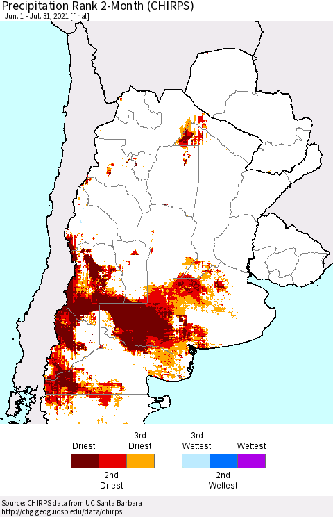 Southern South America Precipitation Rank 2-Month (CHIRPS) Thematic Map For 6/1/2021 - 7/31/2021
