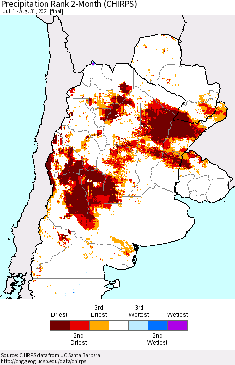 Southern South America Precipitation Rank 2-Month (CHIRPS) Thematic Map For 7/1/2021 - 8/31/2021