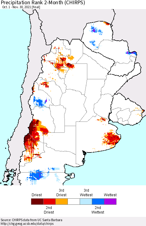 Southern South America Precipitation Rank 2-Month (CHIRPS) Thematic Map For 10/1/2021 - 11/30/2021