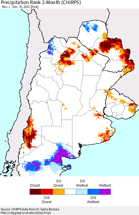 Southern South America Precipitation Rank since 1981, 2-Month (CHIRPS) Thematic Map For 11/1/2021 - 12/31/2021