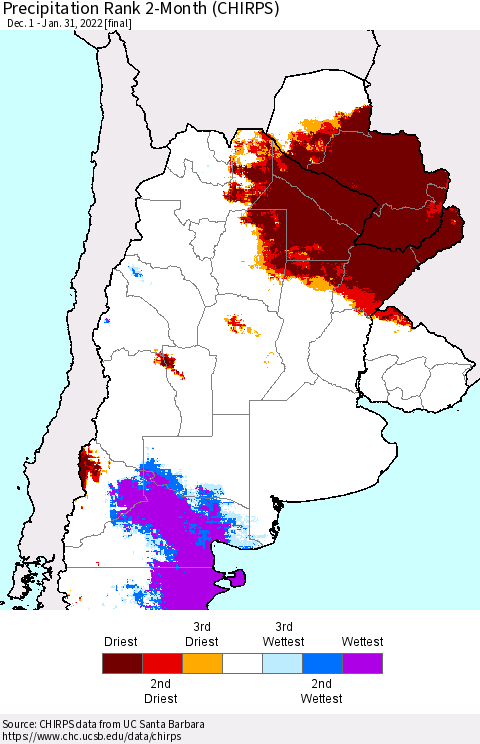 Southern South America Precipitation Rank 2-Month (CHIRPS) Thematic Map For 12/1/2021 - 1/31/2022