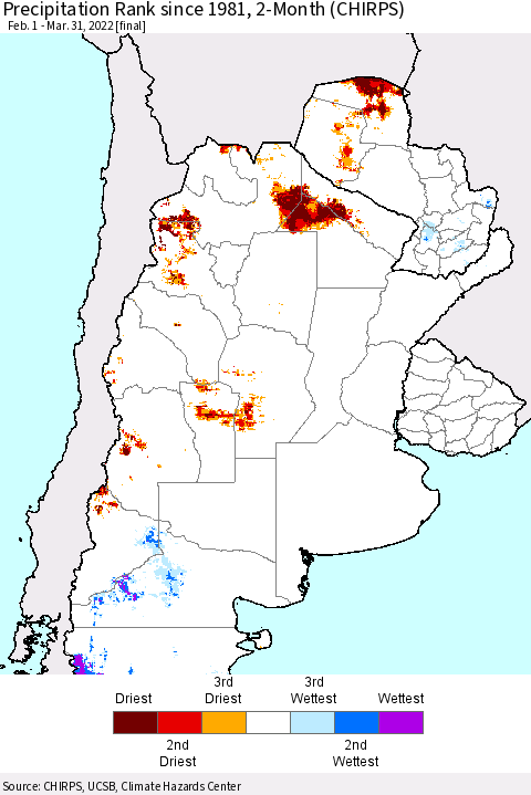Southern South America Precipitation Rank since 1981, 2-Month (CHIRPS) Thematic Map For 2/1/2022 - 3/31/2022