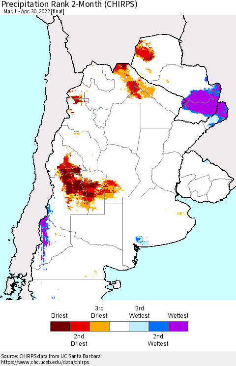 Southern South America Precipitation Rank since 1981, 2-Month (CHIRPS) Thematic Map For 3/1/2022 - 4/30/2022