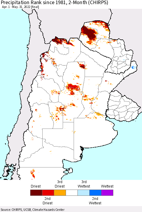 Southern South America Precipitation Rank since 1981, 2-Month (CHIRPS) Thematic Map For 4/1/2022 - 5/31/2022