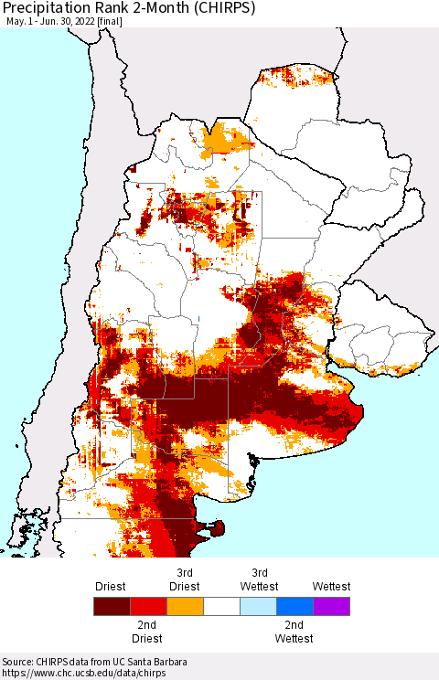 Southern South America Precipitation Rank since 1981, 2-Month (CHIRPS) Thematic Map For 5/1/2022 - 6/30/2022