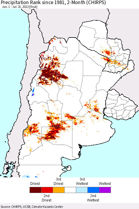 Southern South America Precipitation Rank since 1981, 2-Month (CHIRPS) Thematic Map For 6/1/2022 - 7/31/2022