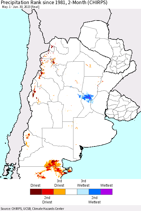 Southern South America Precipitation Rank since 1981, 2-Month (CHIRPS) Thematic Map For 5/1/2023 - 6/30/2023