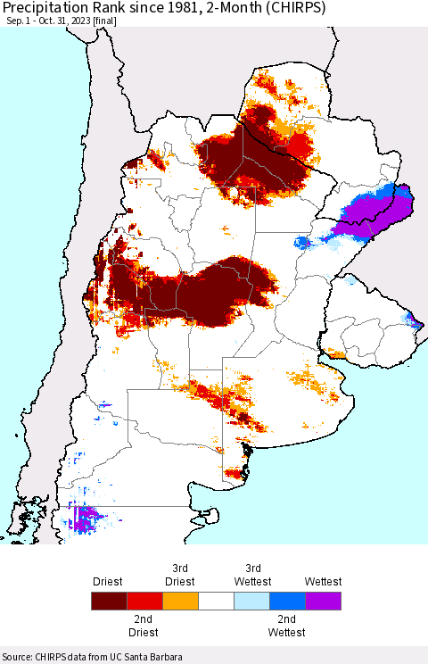 Southern South America Precipitation Rank since 1981, 2-Month (CHIRPS) Thematic Map For 9/1/2023 - 10/31/2023