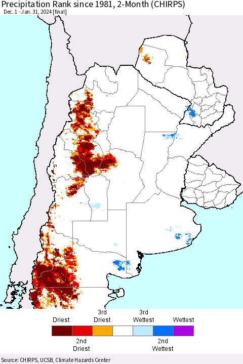 Southern South America Precipitation Rank since 1981, 2-Month (CHIRPS) Thematic Map For 12/1/2023 - 1/31/2024