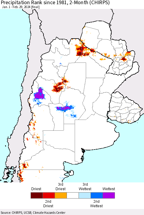 Southern South America Precipitation Rank since 1981, 2-Month (CHIRPS) Thematic Map For 1/1/2024 - 2/29/2024