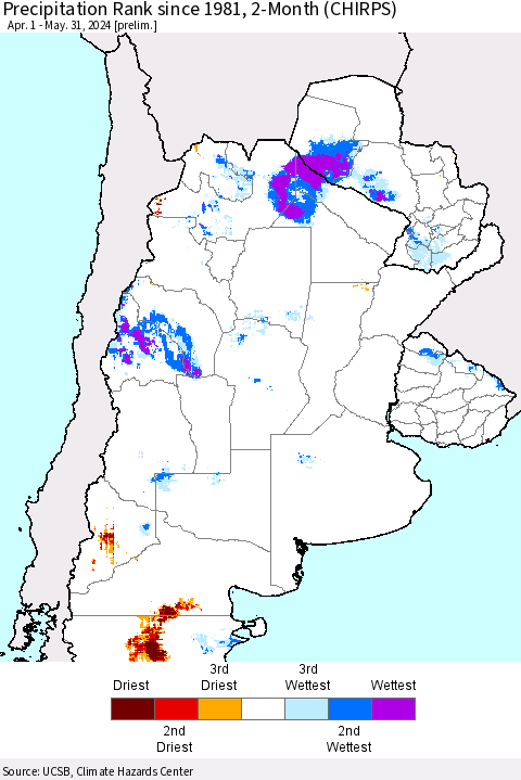 Southern South America Precipitation Rank since 1981, 2-Month (CHIRPS) Thematic Map For 4/1/2024 - 5/31/2024