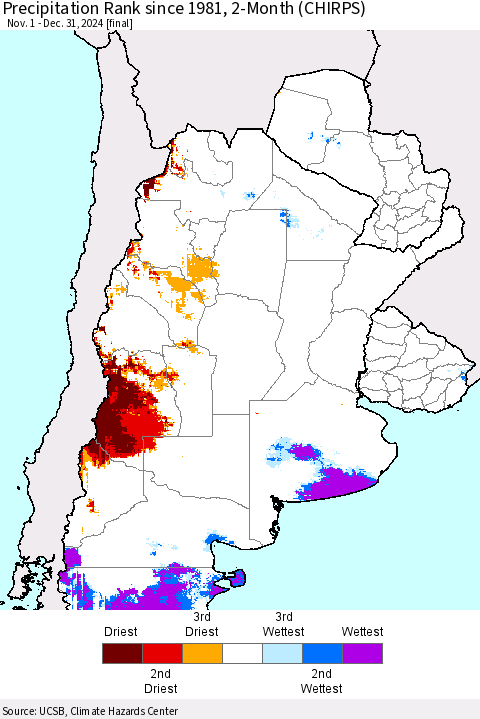 Southern South America Precipitation Rank since 1981, 2-Month (CHIRPS) Thematic Map For 11/1/2024 - 12/31/2024