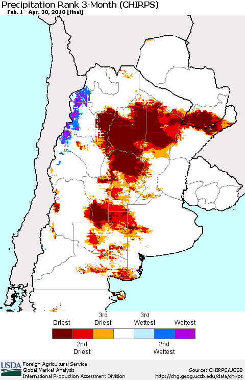 Southern South America Precipitation Rank since 1981, 3-Month (CHIRPS) Thematic Map For 2/1/2018 - 4/30/2018
