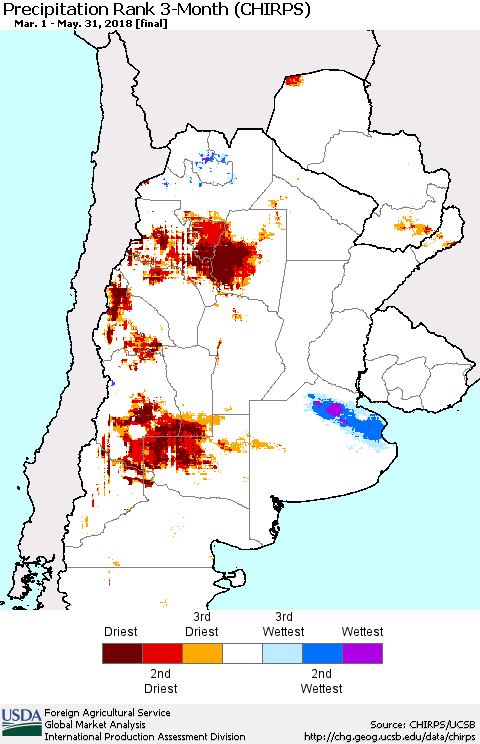 Southern South America Precipitation Rank since 1981, 3-Month (CHIRPS) Thematic Map For 3/1/2018 - 5/31/2018