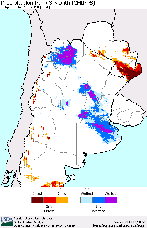 Southern South America Precipitation Rank since 1981, 3-Month (CHIRPS) Thematic Map For 4/1/2018 - 6/30/2018