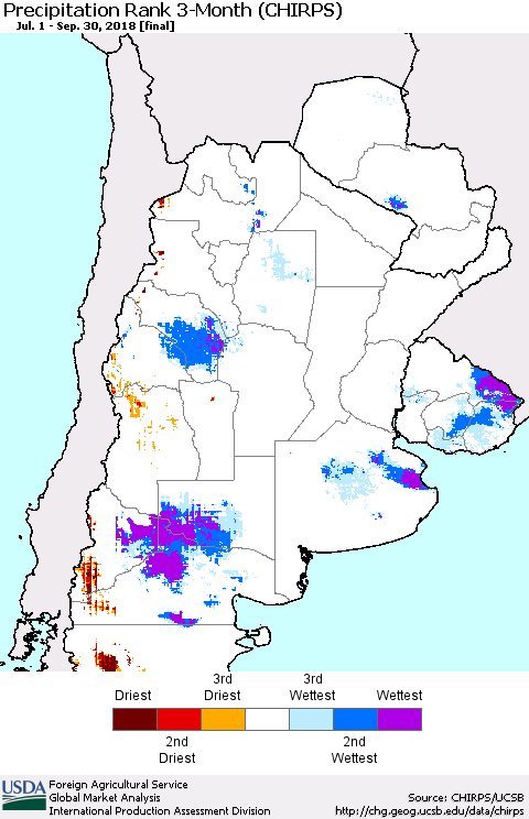 Southern South America Precipitation Rank since 1981, 3-Month (CHIRPS) Thematic Map For 7/1/2018 - 9/30/2018
