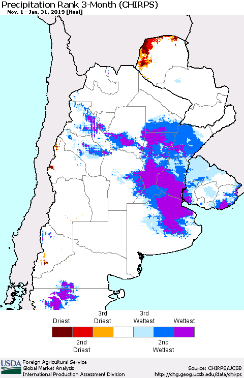 Southern South America Precipitation Rank since 1981, 3-Month (CHIRPS) Thematic Map For 11/1/2018 - 1/31/2019