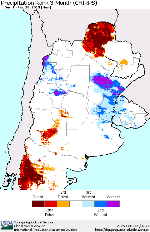 Southern South America Precipitation Rank since 1981, 3-Month (CHIRPS) Thematic Map For 12/1/2018 - 2/28/2019