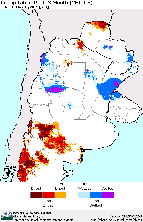 Southern South America Precipitation Rank since 1981, 3-Month (CHIRPS) Thematic Map For 1/1/2019 - 3/31/2019