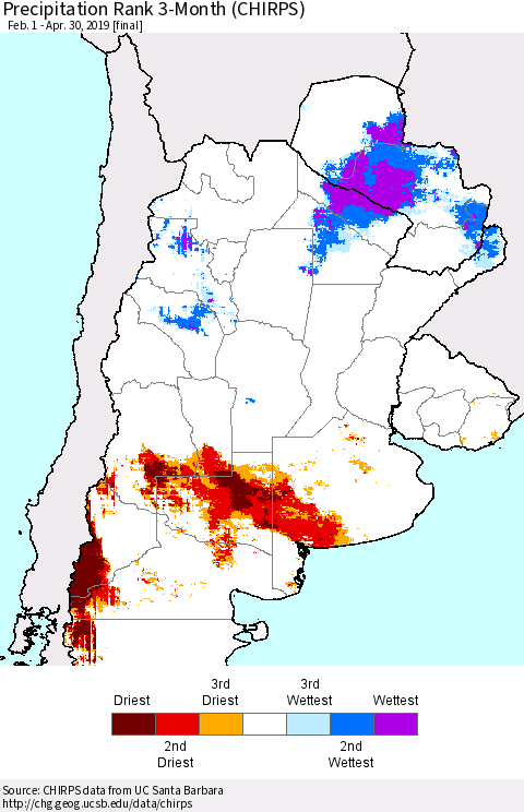 Southern South America Precipitation Rank since 1981, 3-Month (CHIRPS) Thematic Map For 2/1/2019 - 4/30/2019