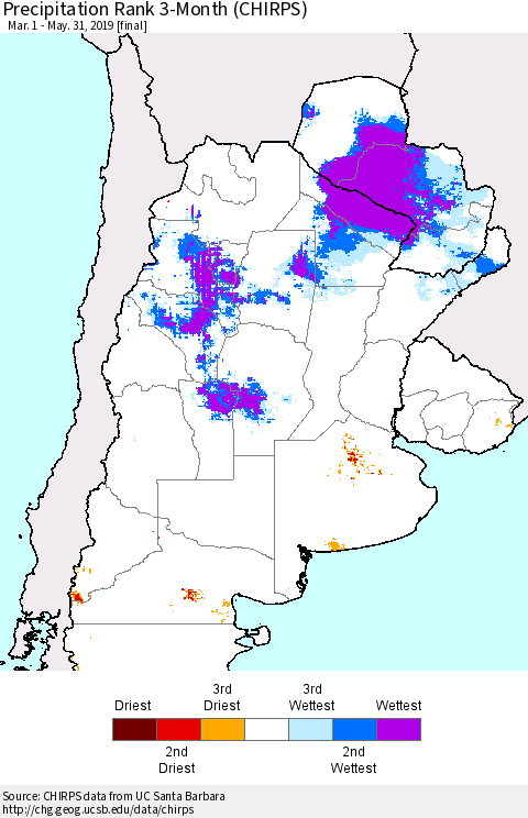 Southern South America Precipitation Rank since 1981, 3-Month (CHIRPS) Thematic Map For 3/1/2019 - 5/31/2019