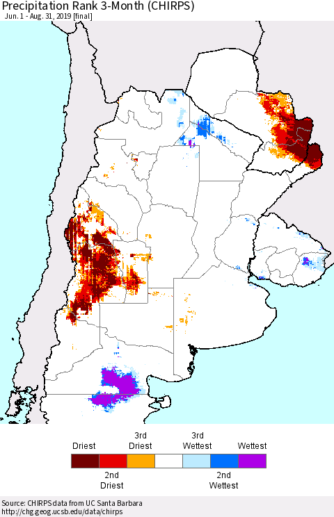 Southern South America Precipitation Rank since 1981, 3-Month (CHIRPS) Thematic Map For 6/1/2019 - 8/31/2019
