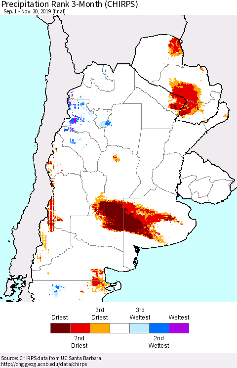 Southern South America Precipitation Rank since 1981, 3-Month (CHIRPS) Thematic Map For 9/1/2019 - 11/30/2019