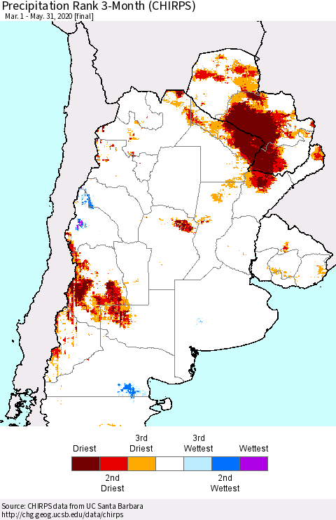 Southern South America Precipitation Rank since 1981, 3-Month (CHIRPS) Thematic Map For 3/1/2020 - 5/31/2020