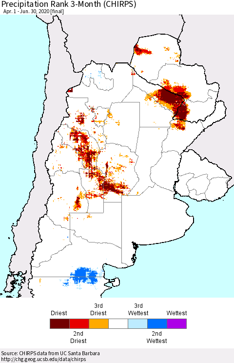 Southern South America Precipitation Rank since 1981, 3-Month (CHIRPS) Thematic Map For 4/1/2020 - 6/30/2020