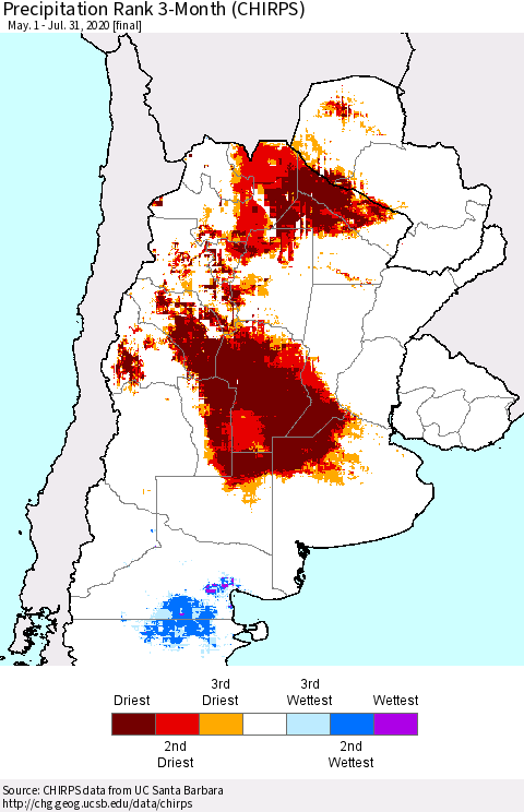 Southern South America Precipitation Rank since 1981, 3-Month (CHIRPS) Thematic Map For 5/1/2020 - 7/31/2020