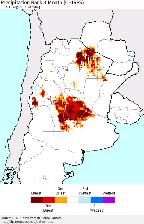 Southern South America Precipitation Rank since 1981, 3-Month (CHIRPS) Thematic Map For 6/1/2020 - 8/31/2020
