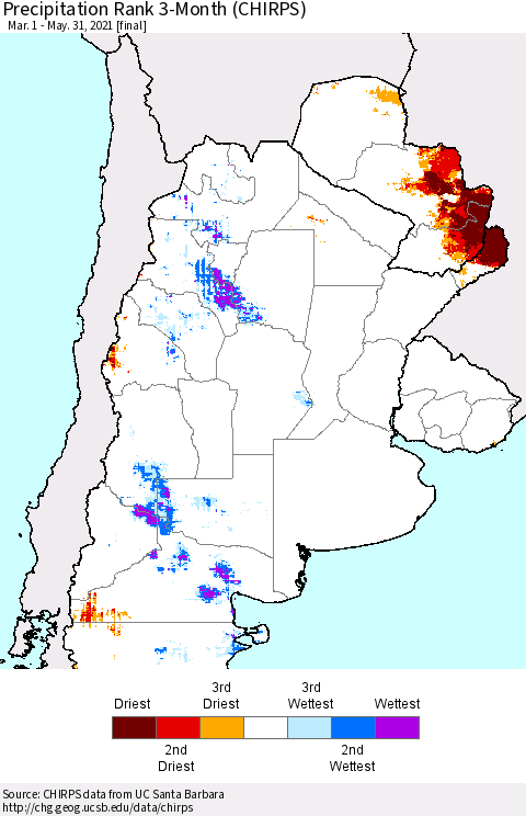 Southern South America Precipitation Rank 3-Month (CHIRPS) Thematic Map For 3/1/2021 - 5/31/2021