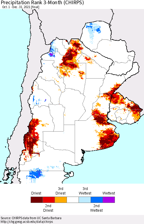 Southern South America Precipitation Rank since 1981, 3-Month (CHIRPS) Thematic Map For 10/1/2021 - 12/31/2021