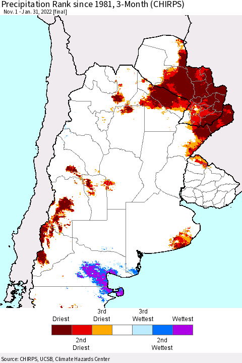 Southern South America Precipitation Rank since 1981, 3-Month (CHIRPS) Thematic Map For 11/1/2021 - 1/31/2022