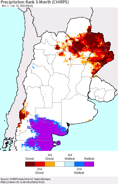 Southern South America Precipitation Rank 3-Month (CHIRPS) Thematic Map For 11/1/2021 - 1/31/2022